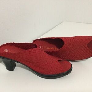 Bernie Mev. Red Peep-Toe Woven Mule Heels
